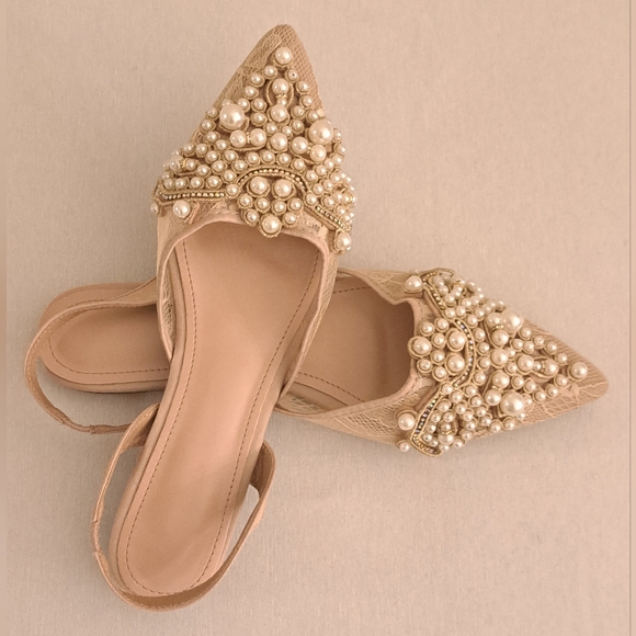 NEW Cream/Tan Pearl Beaded Lace Faux Leather Pointed-Toe Back Strap Flats, Sz 10 - Picture 4 of 9